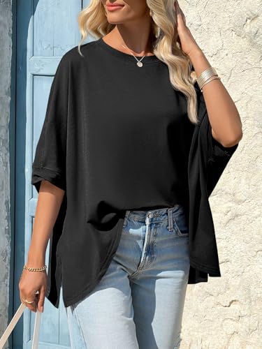 Tankaneo Womens Oversized Tshirts Batwing Short Sleeve Asymmetric Hem Tops - color: Black, size: Medium
