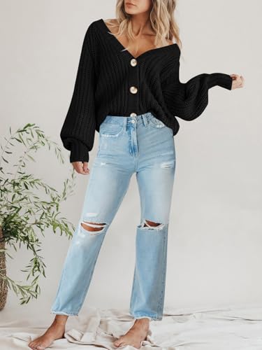 PRETTYGARDEN Women's Chunky Knit Open Front Cardigan Sweaters Fall Outfits - color: Black, size: Large