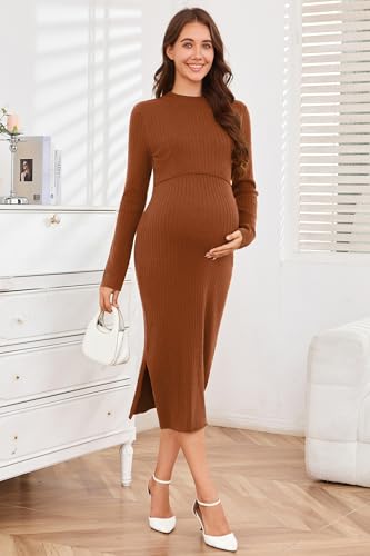 OUGES Women's Wool Blend Sweater Nursing Ribbed Fall Maternity Dress - color: Red Caramel, size: Large