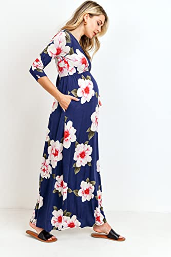 LaClef Women's Wrapped Ruched Maternity Dress with Pocket - color: Navy Flower, size: Small