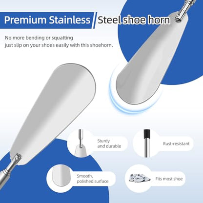 Shoe Horn Extra Long Handle, Telescopic Metal Adjustable Length 3" to 25"