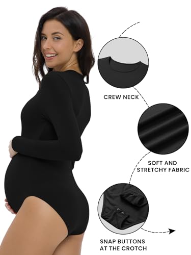 V VOCNI Maternity Bodysuit Long Sleeve Crewneck Slim Fit Body Suit - color: Black, size: Medium