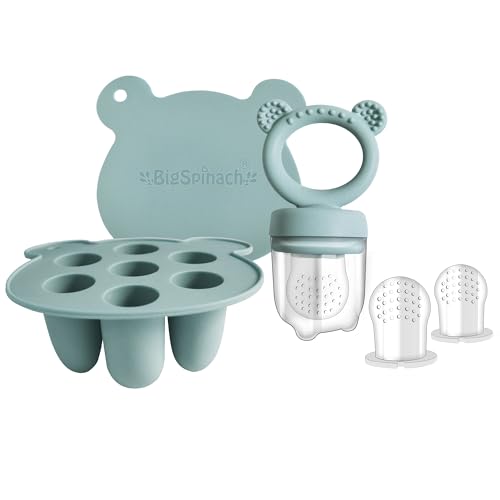 BigSpinach Silicone Baby Food Freezer Tray with Teething Popsicle Molds - Baby Fruit Feeder and Breastmilk Teether Combo - color: Blue