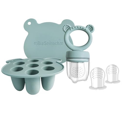BigSpinach Silicone Baby Food Freezer Tray with Teething Popsicle Molds - Baby Fruit Feeder and Breastmilk Teether Combo - color: Blue