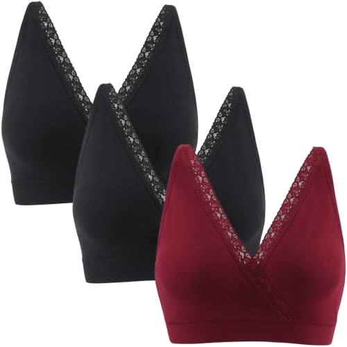 Wireless Cotton Nursing Bra for Sleep& Maternity, Pregnancy Breastfeeding Top, Adjustable Straps, Full Coverage - color: Black+black+red Wine/3pack, size: XX-Large