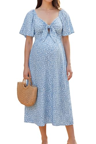 OUGES Women's V Neck Maternity Dress Baby Shower Midi Dresses with Pockets - color: Blue Floral, size: Small