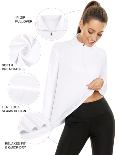 LURANEE Womens UPF 50+ Long Sleeve 1/4 Zip Pullover Athletic Hiking Running Workout Tops - color: Off-white, size: Small