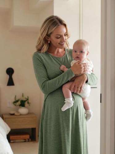 BLENCOT Maternity Nursing Midi Dress Twist Knot Pull Up Feed Postpartum - color: Grass Green, size: Medium