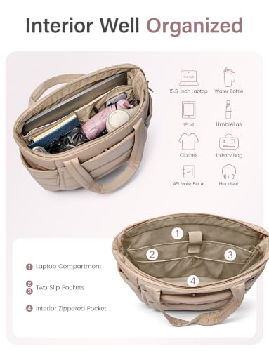 Uselike Tote Bag for Women with Zipper, Quilted Puffer Tote Bag with Compartments, Lightweight Puffy Work Bags for Women - color: Light Khaki