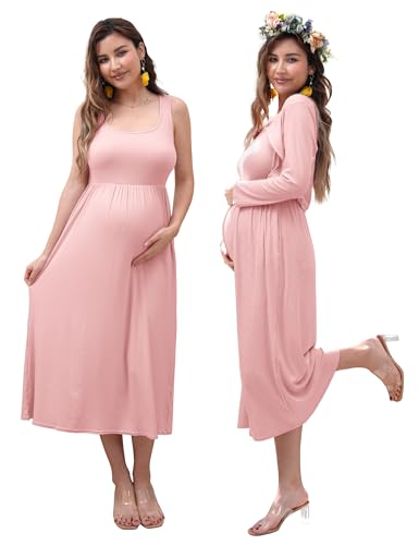 2 PCS Maternity Dress with Cardigan Set, Tank Maxi Pregnancy Dresses - color: Blush Pink, size: Medium
