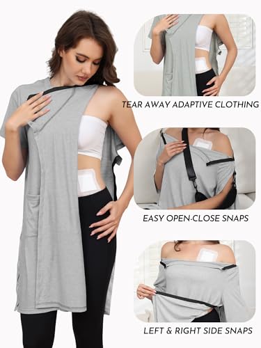 Women's Post Shoulder Surgery Tear Away Dress Short Sleeve Full Open Side Snap Adaptive Clothing with Pockets - color: Grey, size: X-Large