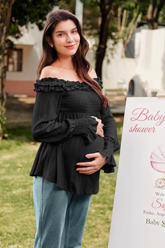 OUGES Womens Cotton Blend Off The Shoulder Maternity Tops Smocked Ruffle Sleeve Blouse Going Out Pregnancy Shirts 2025 - color: Black, size: X-Large