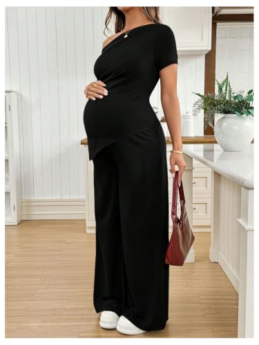 SweatyRocks Women's Maternity Sets 2 Piece Off The Shoulder Top and Pants - color: Black, size: Large