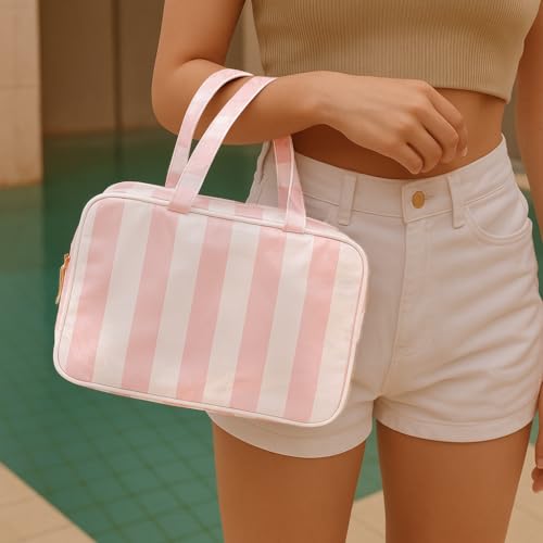 Toiletry Bag for Women, White and Pink Stripe - color: Pink-White