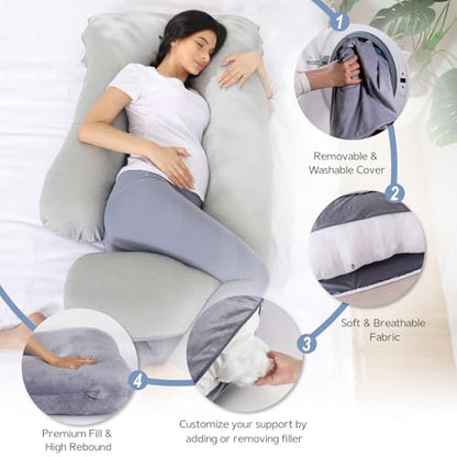 Pregnancy Pillow for Sleeping, Soft 57“ Full Body Maternity Pillow, U Shaped with Removable Washable Cover, Support for Back, Belly, Leg, Hip, Neck & Shoulder - color: Cooling Grey