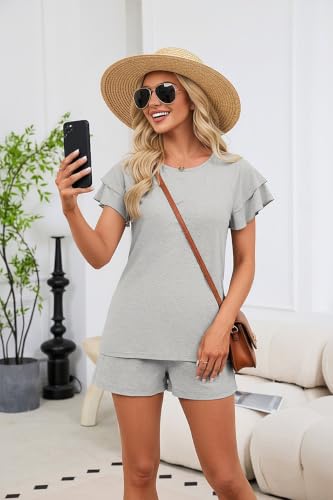 Anjue Summer Cotton 2Pcs Ruffle Sleeves Short Women Pajama Sets Lounge Set - color: Grey, size: Medium