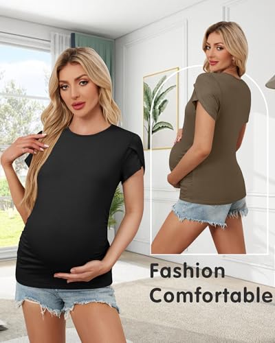 OUGES 3 Pack Women's Maternity Shirts/Tops Crew Neck Short Petal Sleeve Casual Fashion Tee Side Ruched Pregnancy Clothes - color: White, Black, Camel, size: Large