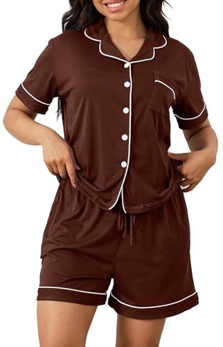 Vopmocld Women Pajama Shorts Sets Cozy 2pcs Button Down Sleepwear Solid PJS - color: Brown, size: Medium