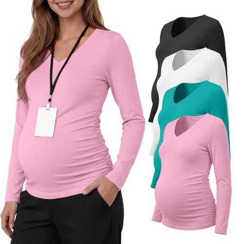 Neer 4 Pack Maternity Long Sleeve V Neck Under Scrub Tops - color: Black, White, Lake Green, Light Pink, size: Medium