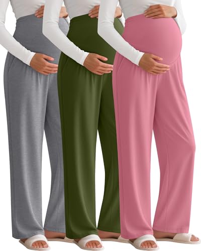 3 Pack Women's Maternity Lounge Pants with Pockets - color: Light Gray, Olive Green, Rose Pink, size: Medium