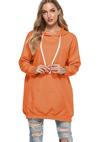 Famulily Womens Oversized Hoodie Extra Long Hooded Tunic Sweatshirt with Pockets - color: Orange, size: Small