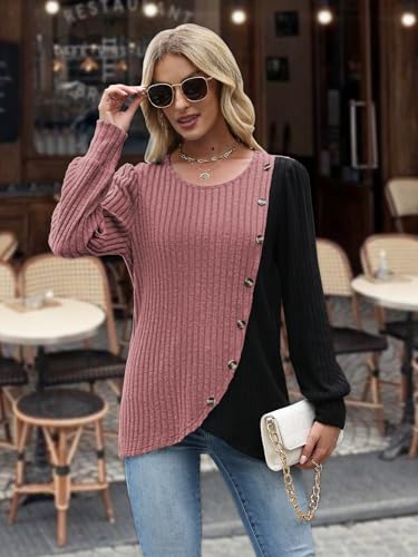 MixShe Womens Knit Sweaters 2026 Fall Winter Casual Long Sleeve Ribbed Colorblock Button Pullover Tops - color: Light Red, size: Medium