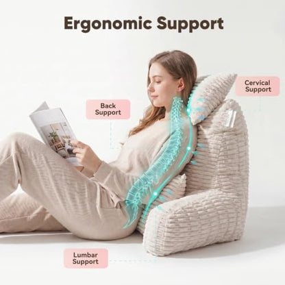 28" XXL Reading Pillow, Backrest Pillow with Detachable Neck Pillow - color: Beige, size: XX-Large(28inch)