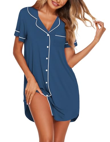 Ekouaer Nightgowns for Women Bamboo Viscose Button Down Sleepshirts - color: Blue, size: Large