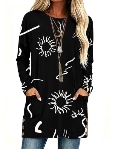 Poetsky Womens Tunic Tops for Leggings with Pockets Side Buttons Batwing Long Sleeve Casual Long Tee Shrits Fall Clothes - color: Z Black Print, size: XX-Large