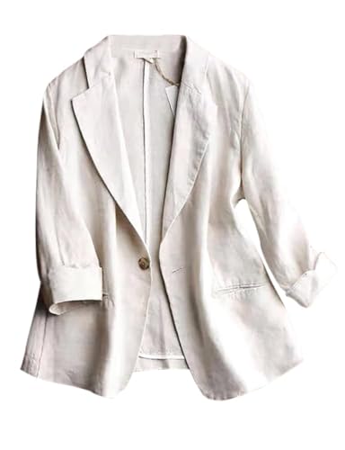 IDEALSANXUN Linen Blazer Women 3/4 Sleeve Lightweight Spring Summer Blazer Jackets - color: 1-beige, size: Medium