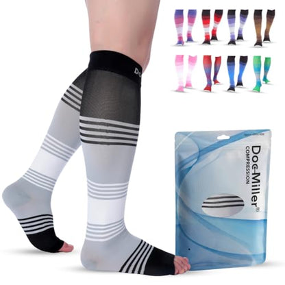 Doc Miller Open Toe Compression Socks 20-30 mmHg for Women & Men, 1 Pair - color: Open Toe BlackGrayWhite, size: Small