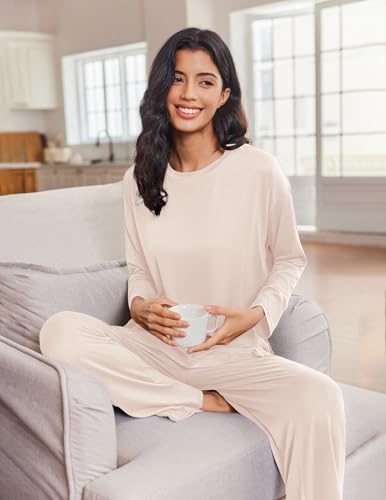 Ekouaer Lounge Sets for Women Long Sleeve Pajamas Fall Loungewear - color: Beige, size: Small