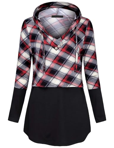 Quinee Women's Long Sleeve Plaid Colorblock Nursing Pullover Hoodie Sweatshirts - color: D Black Red Plaid, size: Medium