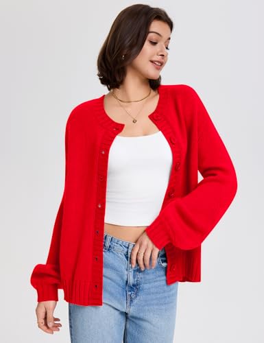 LOMON Womens Chunky Knit Cardigan Oversized Button Front Trend Sweater Tops - color: Red, size: Small