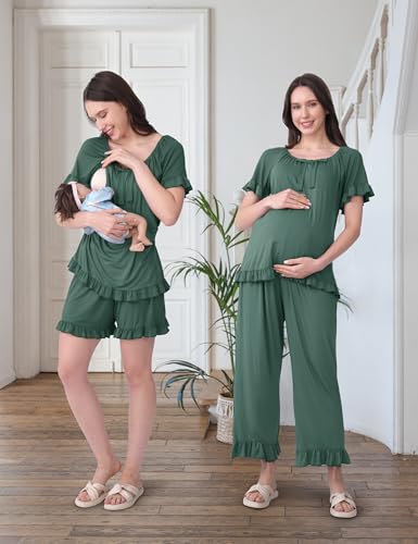 SUNNYBUY 3 PCS Ruffle Nursing Pajamas Set with Bow, Maternity Sleepwear - color: Teal, size: XX-Large