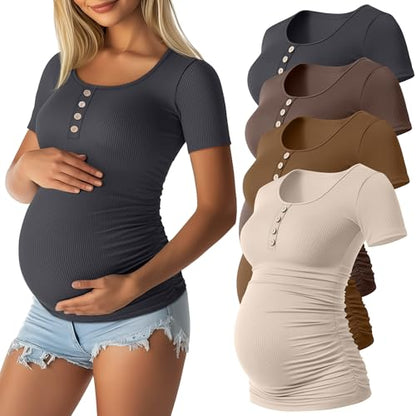 4 Pack Maternity Shirts for Women - color: Apricot, Brown, Coffee, Gray, size: Large
