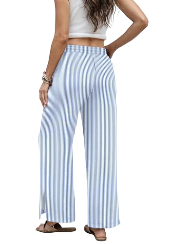 Sampeel Womens Wide Leg Beach Pants Elastic Waist Lightweight Casual Flowy Palazzo Lounge Trousers with Pockets - color: Blue Stripes, size: Medium