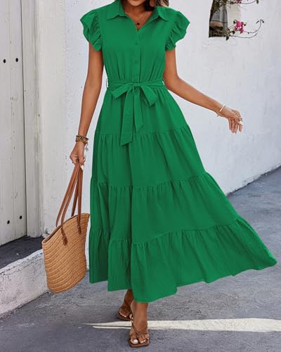 dowerme Women Ruffle Sleeve Button Belted Boho Maxi Dress - color: Bright Green, size: Small