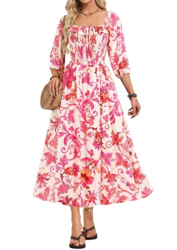 Kate Kasin Womens Summer Fall Boho Maxi Wedding Guest Dresses with Pockets - color: White and Rose Red Floral, size: Medium