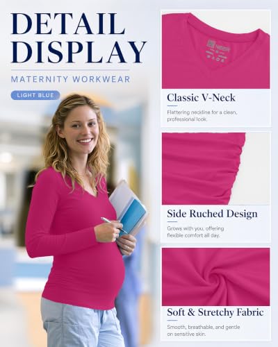 Neer 4 Pack Maternity Long Sleeve V Neck Under Scrub Tops - color: Black, White, Light Heather Gray, Rose Red, size: Medium