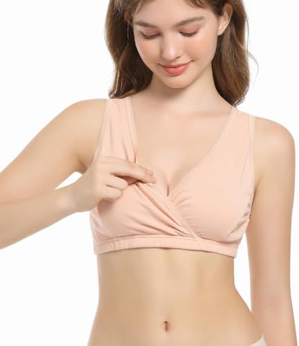 CAKYE 3 Pack Maternity Nursing Sleep Bra Breastfeeding Cotton Bralette - color: Nude/Army Green/Atrovirens, size: Small
