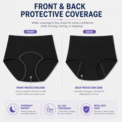 Period Underwear for Women, Leak Proof Menstrual Panties Multi-pack, High Waisted Cotton Full Coverage Briefs - color: Black 3-pack, size: XX-Large