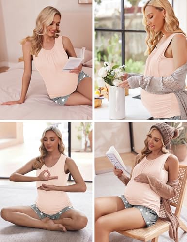 Ekouaer Nursing Pajamas Set Postpartum Tank Tops and Shorts - color: Pink-grey Star, size: Medium