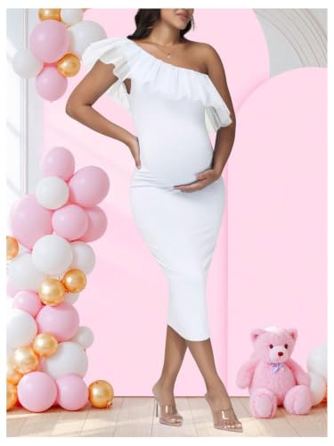OYOANGLE Women's Maternity Ruffle One Shoulder Dress Bodycon Midi Dresses - color: White, size: X-Large
