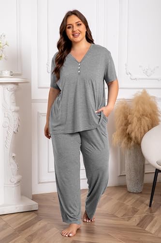 Vozanet Women's Plus Size Pajama Sets V Neck Pants Sets Solid Color Button Sleepwear Soft Loungewear Nighty with Pockets - color: Light Gray, size: 3X-Large
