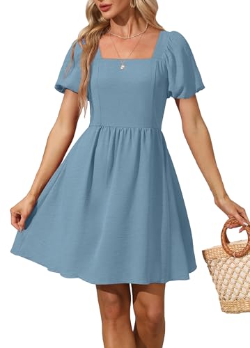 OFEEFAN Women Puff Sleeve Square Neck Tie in Back Dresses with Zipper - color: Dusty Blue, size: X-Small