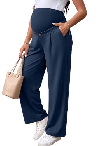 BLENCOT Maternity Pants Over Belly Stretchy Wide Leg Work Trousers - color: Dirty Blue, size: Medium