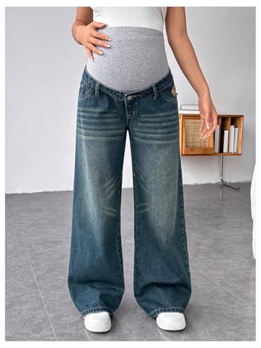 MakeMeChic Women's Maternity Jeans Wide Leg Over The Belly Denim Pant - color: Blue, size: Large