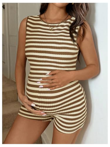 OYOANGLE Women's Maternity Sets 2 Piece Outfits Summer Striped Short Set - color: Khaki, size: Medium