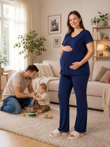 Rnxrbb 3 PCS Women Nursing Pajamas Set Postpartum Maternity Pj with Pockets - color: Navy, size: Small